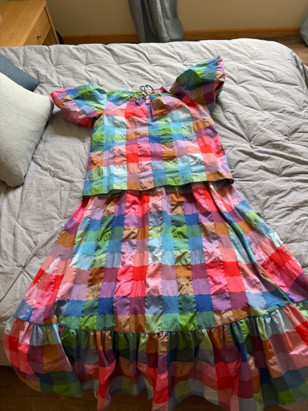 Kate Spade New York multicolor madras plaid two-piece set featuring a tiered max - Picture 2 of 3